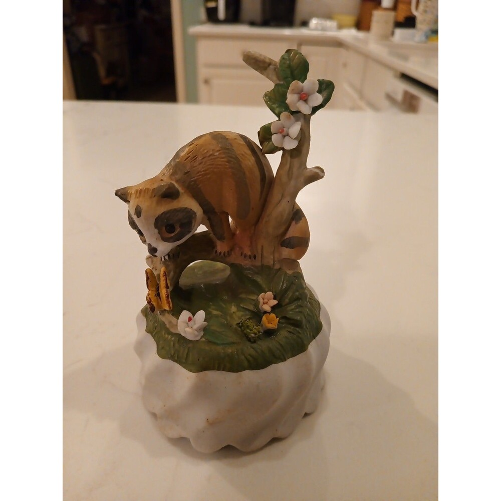 Vintage GEI Ceramic Raccoon Figurine Playful on Branch Raccoon Butterflies